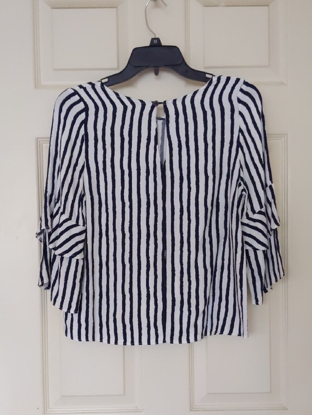 Striped Navy and White 3/4 Ruffle Sleeve Blouse. - Picture 2 of 5